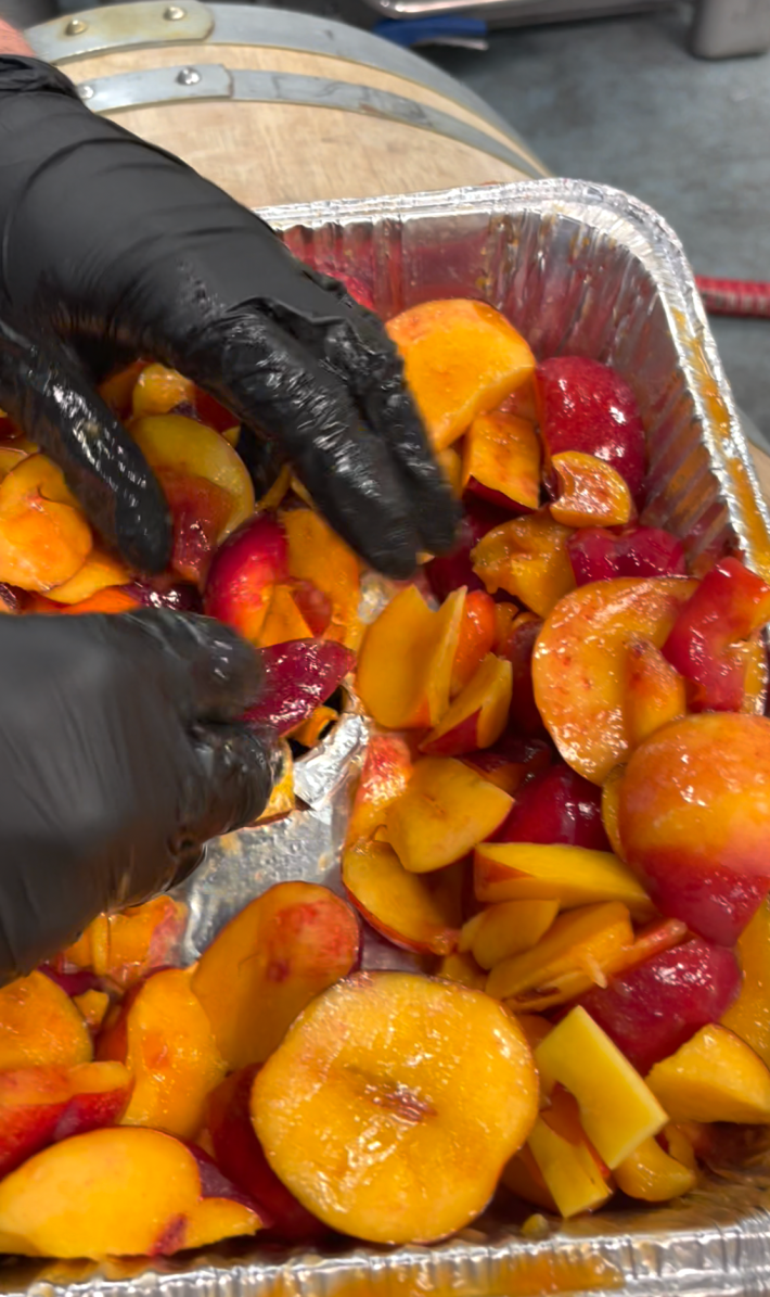 Peaches being crammed into Cellador's beer barrels.